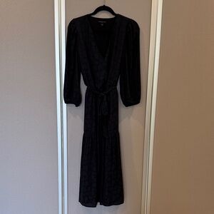 Navy Patterned Long Sleeve Silk Dress